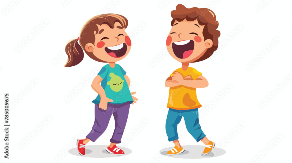 Laughing boy and girl kids showing tongues joking  tea