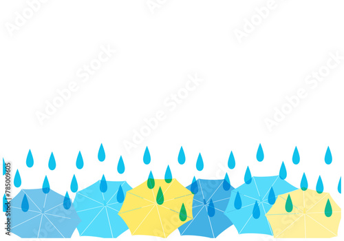 梅雨景色の雨が降る傘パターン背景8水色