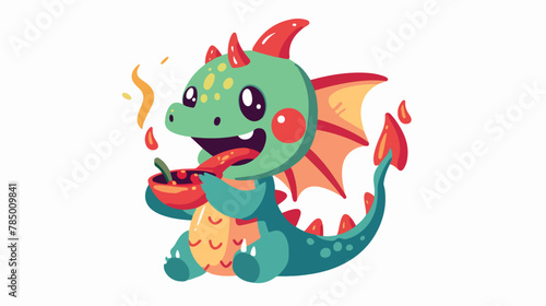 Cute and kawaii baby dragon eating spicy chili on white