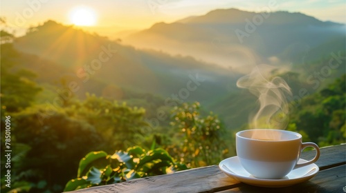 A cup of coffee on mountain background of sunrise.