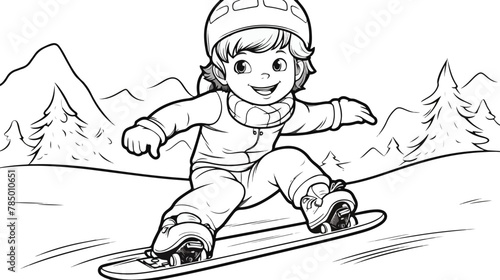 Cute boy is playing snowboard coloring page. Christmas