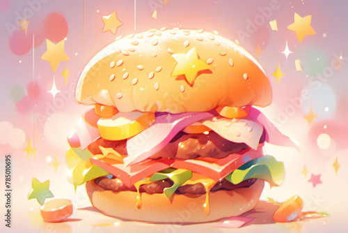 Hamburger illustration, unhealthy fast food scene illustration for summer weight loss