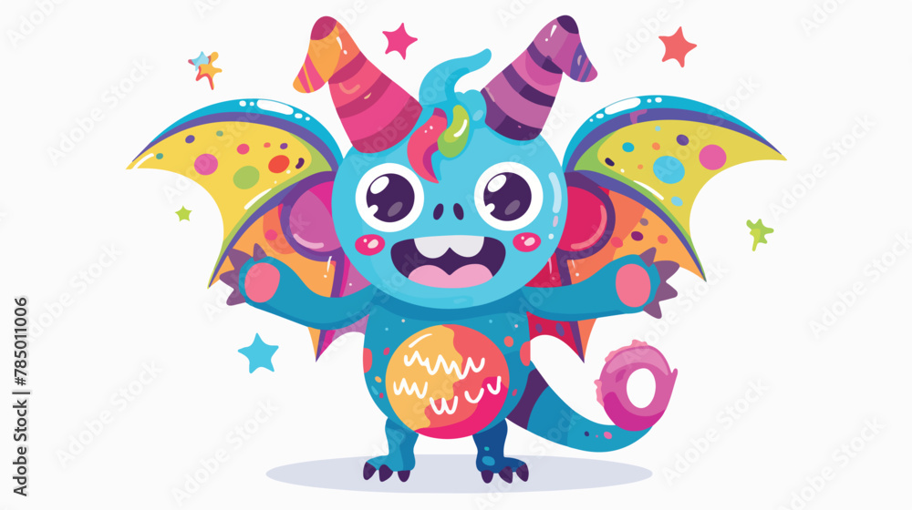 Cute candy monster with horns and wings waves 