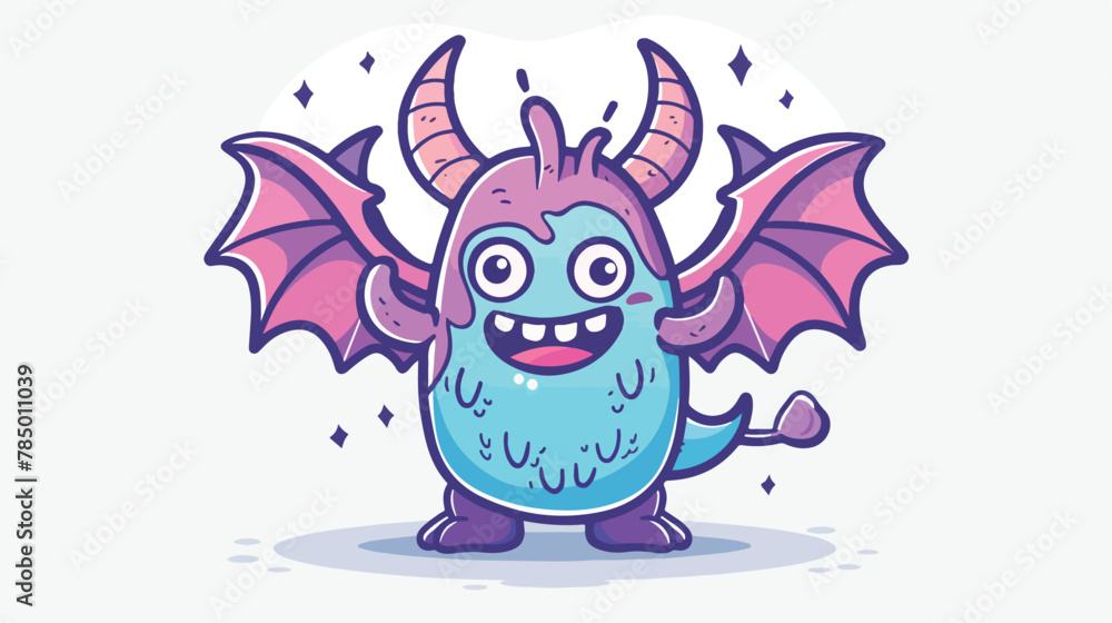 Cute candy monster with horns and wings waves 