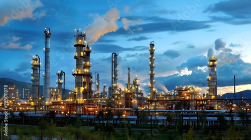 A large oil and gas complex at dusk, illuminated by the soft glow of industrial lights against a backdrop of blue sky with white clouds. showcasing modern industry during twilight.
