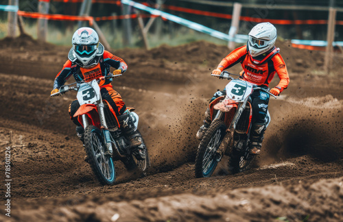 A photo shows two young kids on dirt bikes racing side by side in the dirt