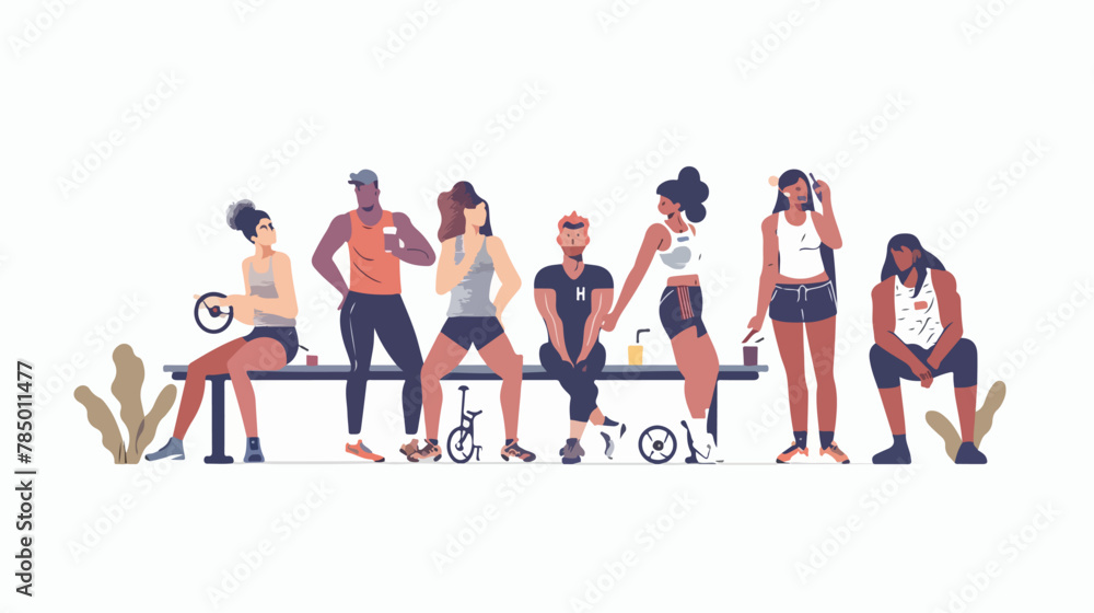 Men women athletes standing sitting on benches 