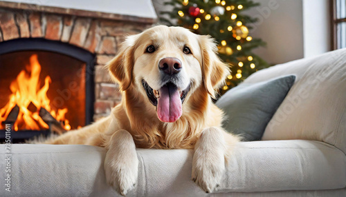 Close-up of an adorable Golden Retriever dog relaxing on a white sofa near a wood burning fireplace, looking at camera with mouth open and tongue hanging out. Generative Ai.