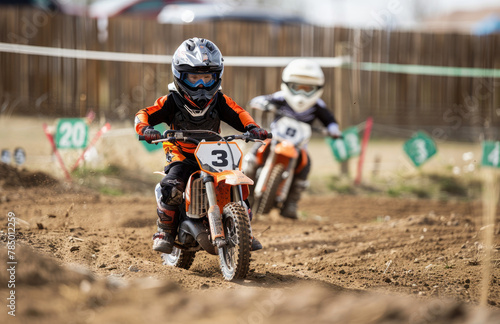 A photo shows two young kids on dirt bikes racing side by side in the dirt