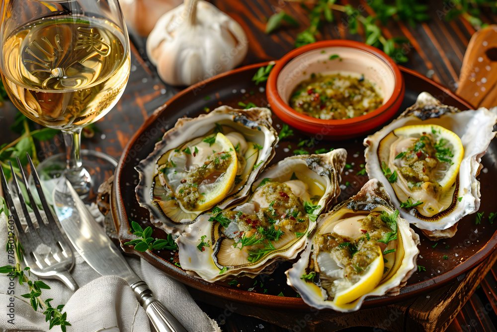 Gourmet Oyster Dish Paired With A Glass Of White Wine: A Taste Of Comfort And Elegance
