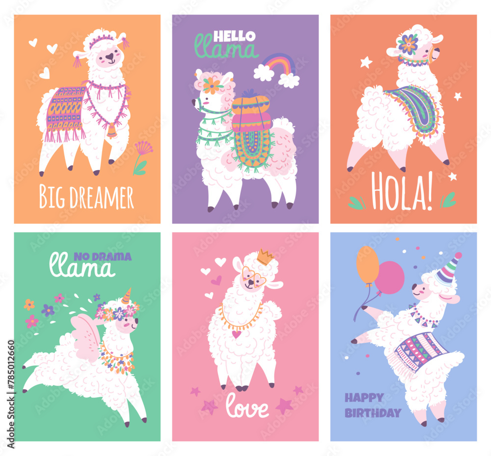 Obraz premium Set of postcards with cute alpacas flat style, vector illustration