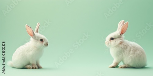 Two white rabbits sitting side by side on a green background. Generative AI.