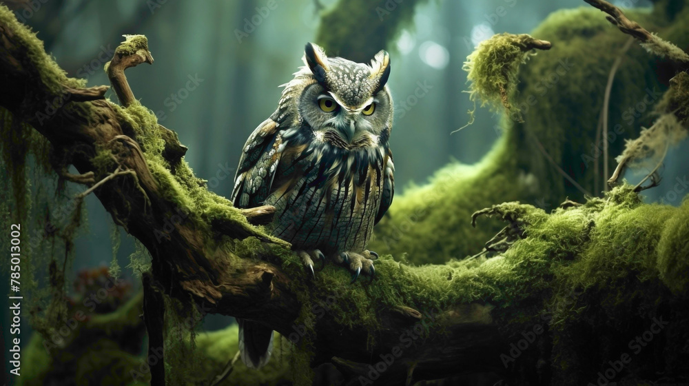 Enchanting scene of a wise old owl perched on a moss-covered branch, its penetrating gaze fixed on the surrounding woodland.