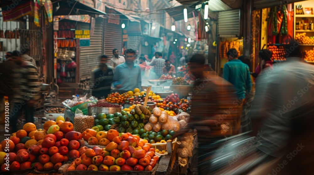 A snapshot of a bustling market, where shoppers and vendors interact in a symphony of colors, sounds, and movements, all caught in a single candid frame.