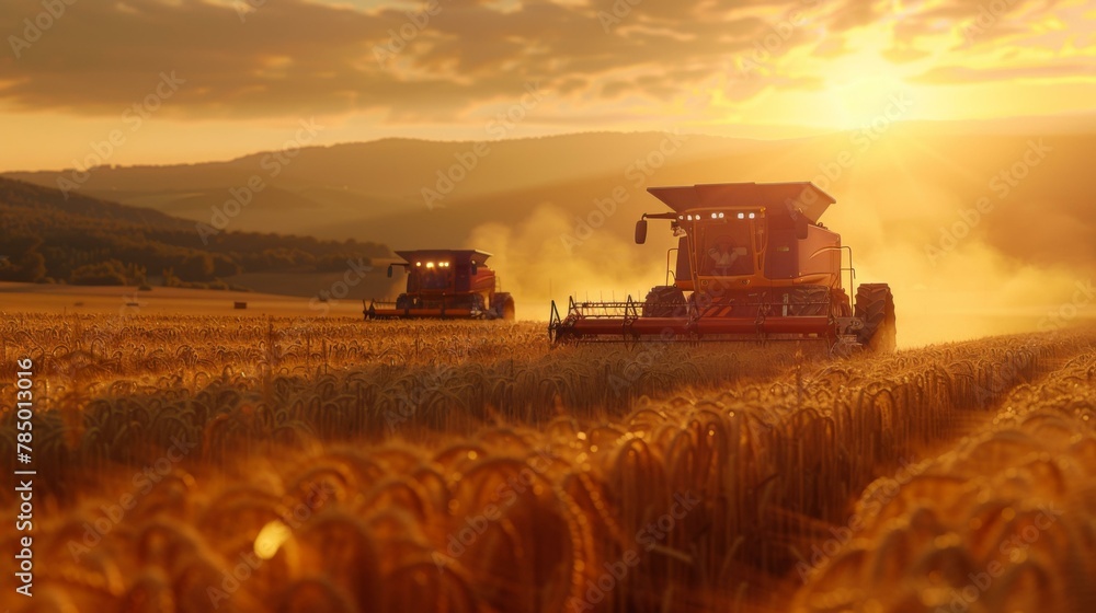 Fototapeta premium Two large farm equipment in a field at sunset. Generative AI.