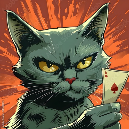Confident Cartoon Cat Flipping Playing Card with Casual Yet Determined Expression