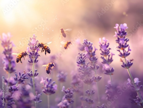 A group of bees flying over lavender flowers with a sun shining. Generative AI.