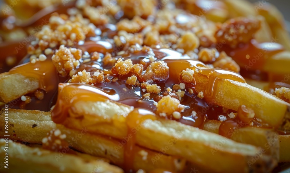 A close up of a plate with fries covered in caramel sauce. Generative AI. A close up of a plate with fries covered in caramel sauce. Generative AI.
