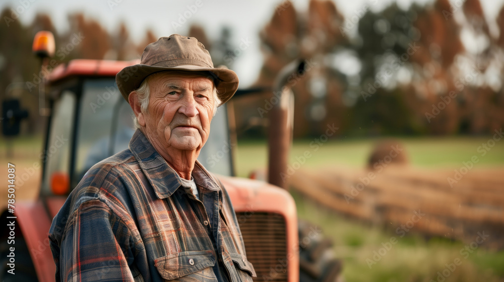 A man is smiling and sitting in front of a tractor. The tractor is red and blue. The man is wearing a vest. smiling farmer with tractor, in the bokeh panorama