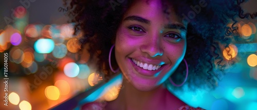 A woman with a big smile and earrings in front of blurry lights. Generative AI.