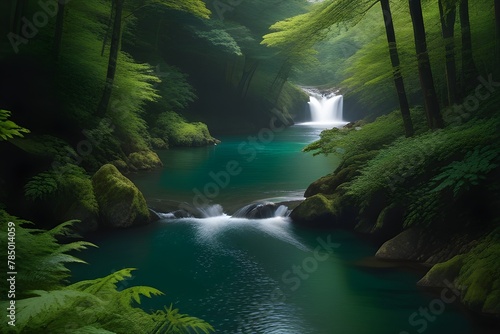 The lush green landscape of Oirase in Japan showcases the beauty of nature during summertime  with vibrant leaves adorning the forest  a majestic mountain backdrop  and a serene river winding  Generat