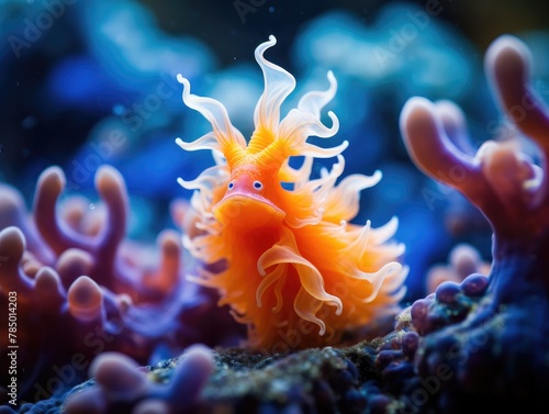 An orange sea anemone with a blue background. Generative AI.
