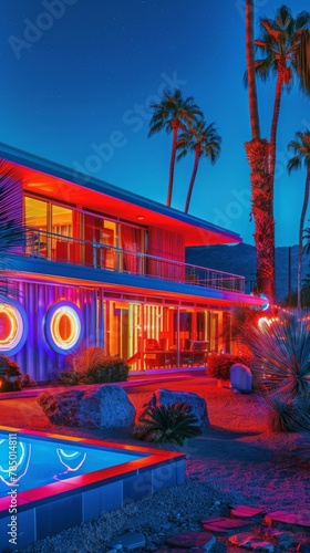 A house with a pool and neon lights in the windows. Generative AI.