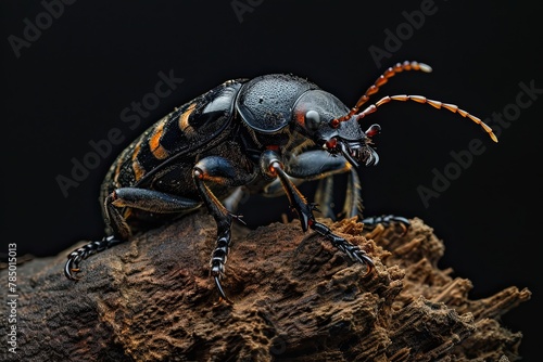 Mystic portrait of Rove Beetle on root in studio, The insect's back is visible, full body shot, Close-up View,  photo