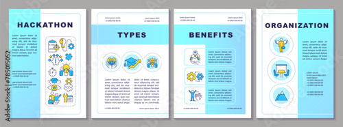 Hackathon blue brochure template. Tech event organization. Leaflet design with linear icons. Editable 4 vector layouts for presentation, annual reports. Arial-Black, Myriad Pro-Regular fonts used