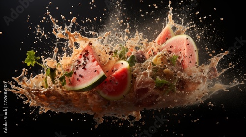 Dynamic Watermelon Explosion with Water Droplets on a Black Background photo
