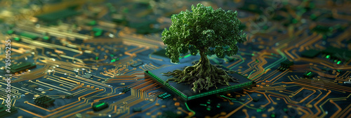 Green tree with roots on circuit board motherboard the concept of artificial intelligence