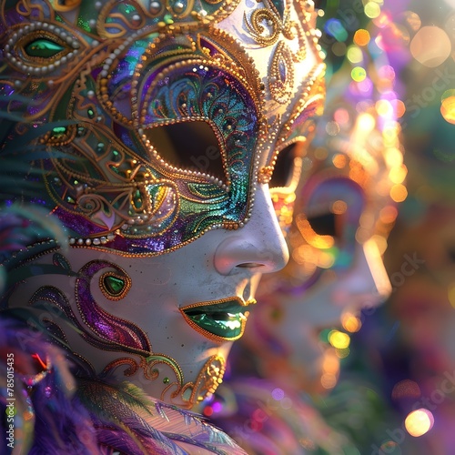 Elaborate Mardi Gras Mask with Intricate Designs and Vibrant Chromatic in a Joyful Parade in New Orleans