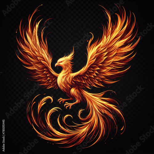 Fire burning Phoenix bird symbol on dark background