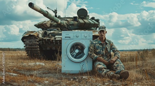 A solder sitting next to a washing machine and tank. Generative AI. photo