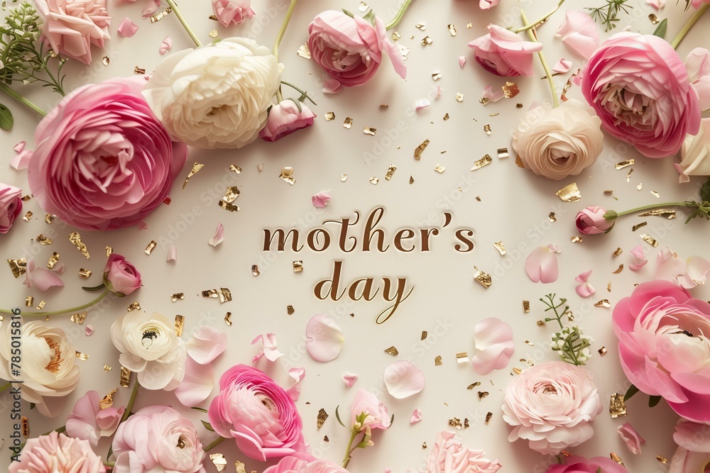mother's day card with golden text on a textured ivory color paper with a frame of light pink peonies and ranunculuses mother's day card with golden text on a textured ivory color paper with a frame of light pink peonies and ranunculuses