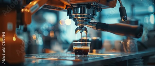 A shot of a coffee being poured into an espresso machine. Generative AI.