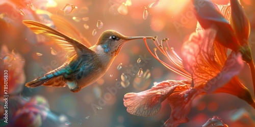 A hummingbird is hovering over a flower with water droplets. Generative AI. © serg3d