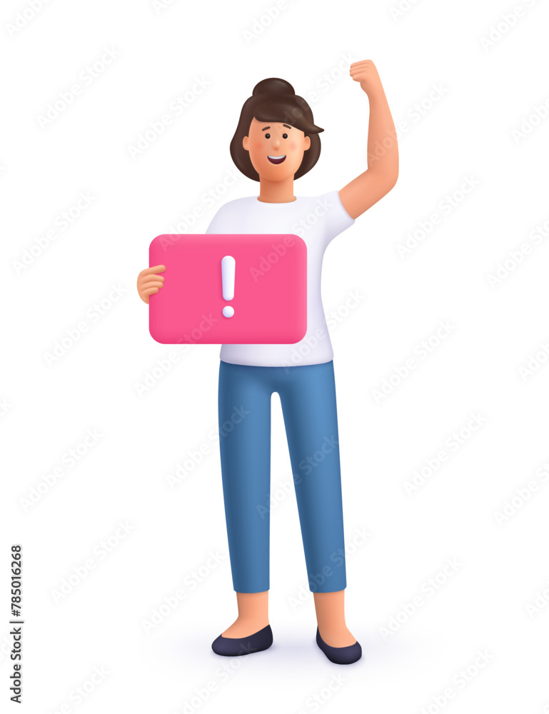 Young smiling woman holding placard or banner. Demonstration, protest, political announcement, struggle for rights concept. 3d vector people character illustration.Cartoon minimal style.