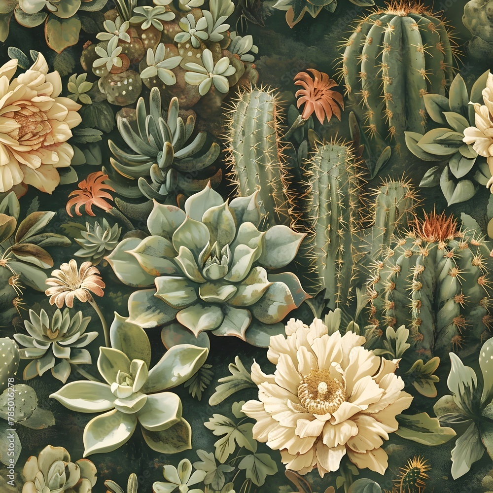 Lush Succulents and Cacti Botanical Wallpaper in Vintage Inspired Earthy Tones