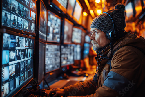 male secret agent spy is conducting wiretapping and video recording in a surveillance room