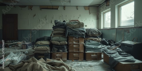 A pile of boxes and a mattress in an abandoned room. Generative AI. photo