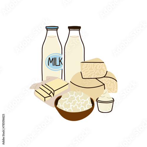 Dairy products set. Milk, kefir and yogurt in cardboard packaging containers, glass bottle. Different cheese, butter and cream. Organic farm healthy food. Vector cartoon flat isolated illustration