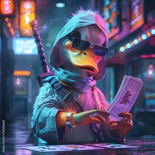 Futuristic duck analyzes game cards under dramatic neon lights in urban environment photo