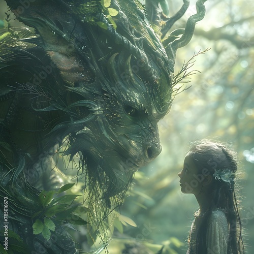 Mystical Encounter in the Enchanted Forest A Whimsical Close Up with a Magical Creature Amid Lush Greenery
