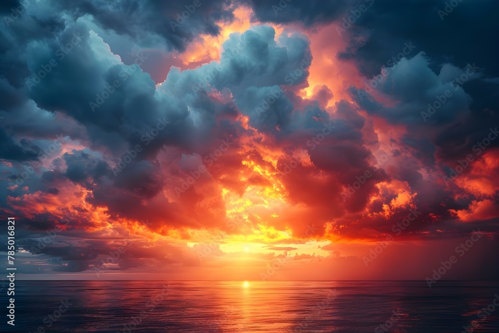 Surreal Stormy Sunset Over Tranquil Sea. Concept Nature Photography, Atmospheric Landscapes, Dramatic Weather, Serene Oceanscape, Surreal Sunsets