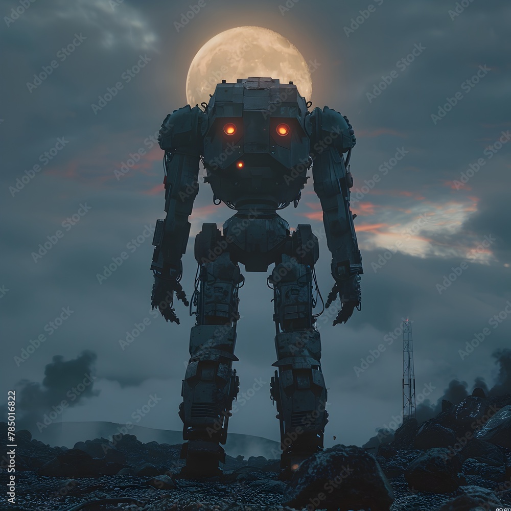 Anime inspired Robotic Figure Facing the Abyss of Hell Under a Sinister Moonlit Sky Anime inspired Robotic Figure Facing the Abyss of Hell Under a Sinister Moonlit Sky