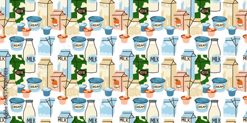 Dairy products seamless pattern. Milk, kefir and yogurt. Cheese, butter and cream. Organic farm healthy food. Decor textile, wrapping paper, wallpaper design. Background design vector cartoon flat