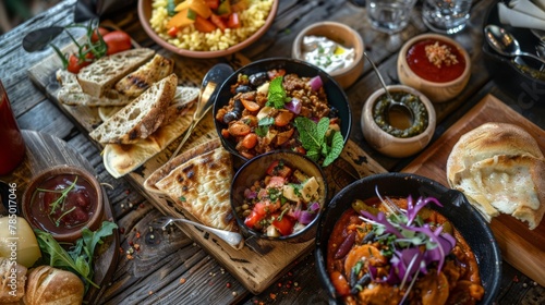 A rustic wooden table set with a spread of vegetarian tapas, each dish a testament to the rich flavors and textures achievable without meat.