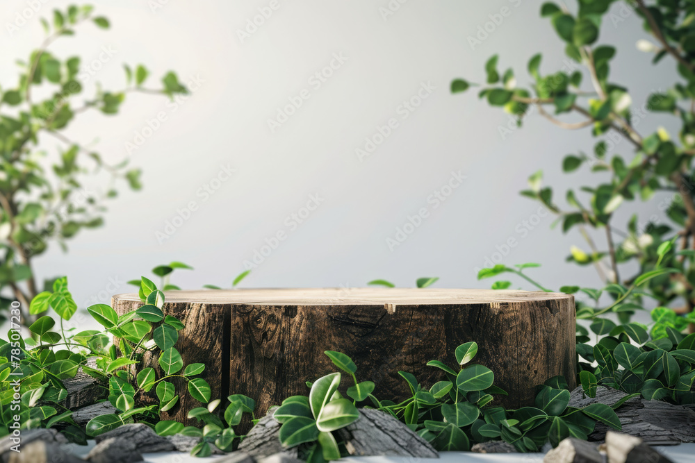 A 3D scene with a natural round wooden stand, featuring a rustic, textured surface with visible wood grain. Surround the podium with green leaves to create a natural and organic feel. A 3D scene with a natural round wooden stand, featuring a rustic, textured surface with visible wood grain. Surround the podium with green leaves to create a natural and organic feel.