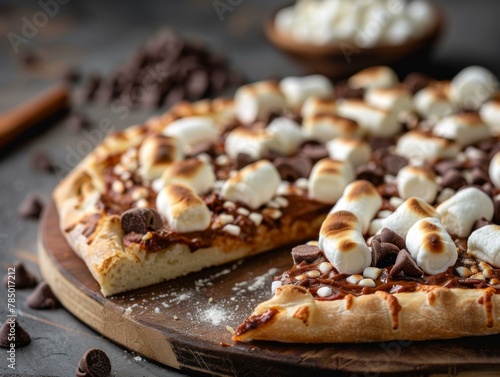 A pizza with marshmallows and chocolate chips on a wooden board. Generative AI.